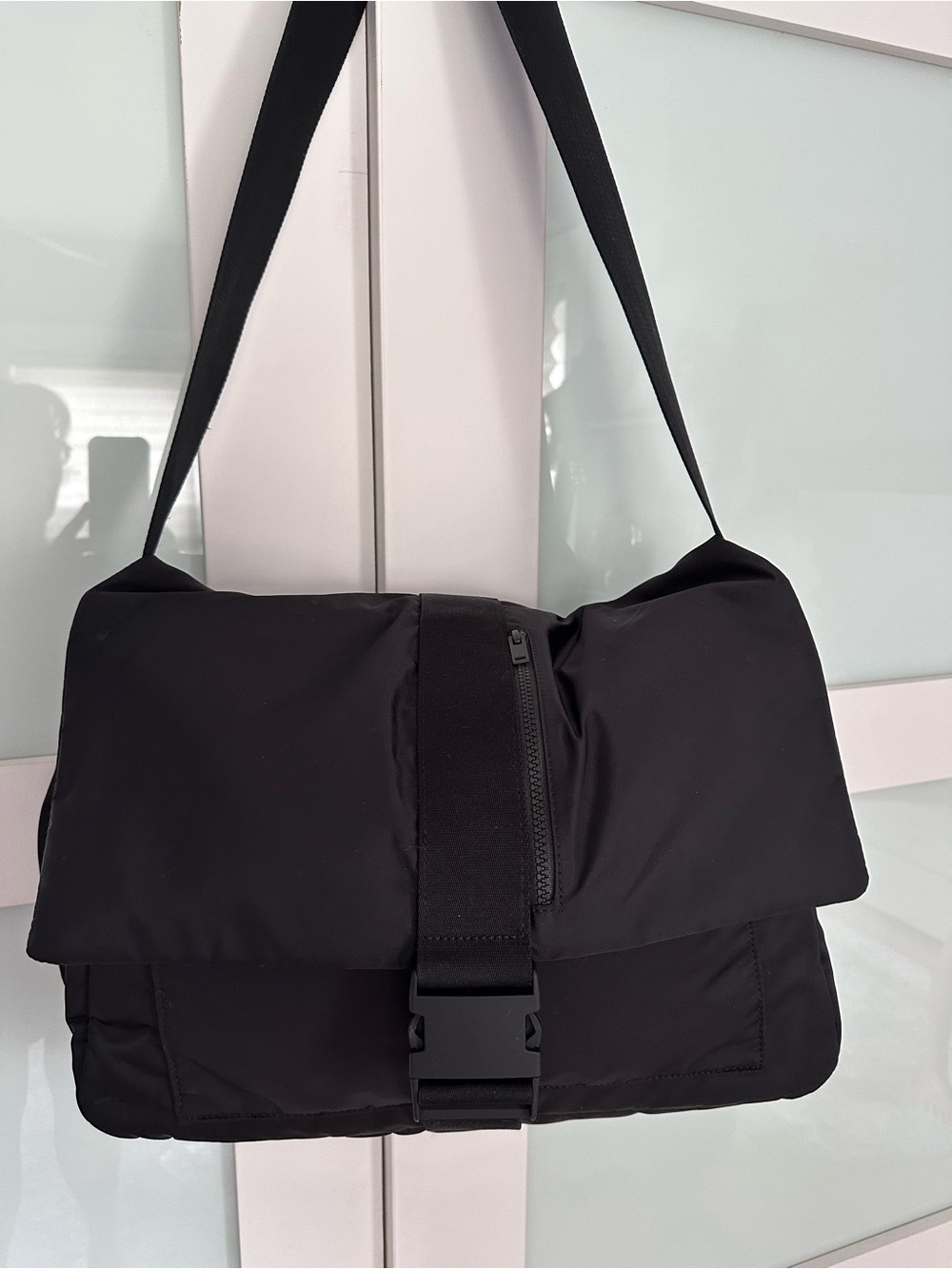 COS Black Nylon Messenger Satchel with Front Buckle